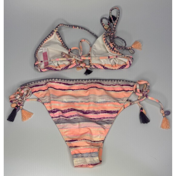 Victorias Secret Swim Bikini Set Halter Top Seashell Tassel Size Medium Striped - Picture 10 of 13
